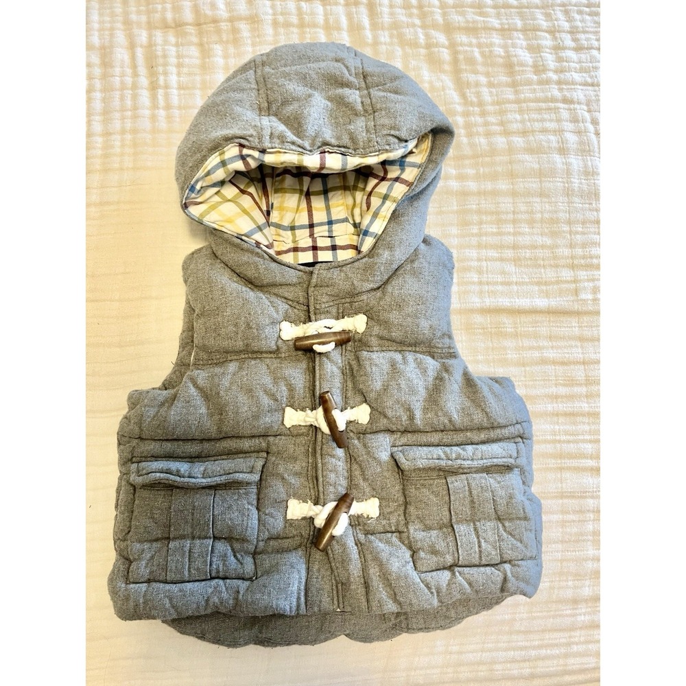 Baby Gap Vest 12-18 Mos Grey Cream Plaid Lining  Puffer Snap Button Front Preppy